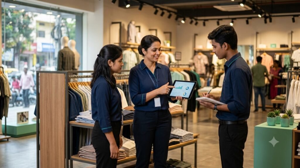 Retail manager coaching sales staff on a tablet in a Bengaluru apparel store